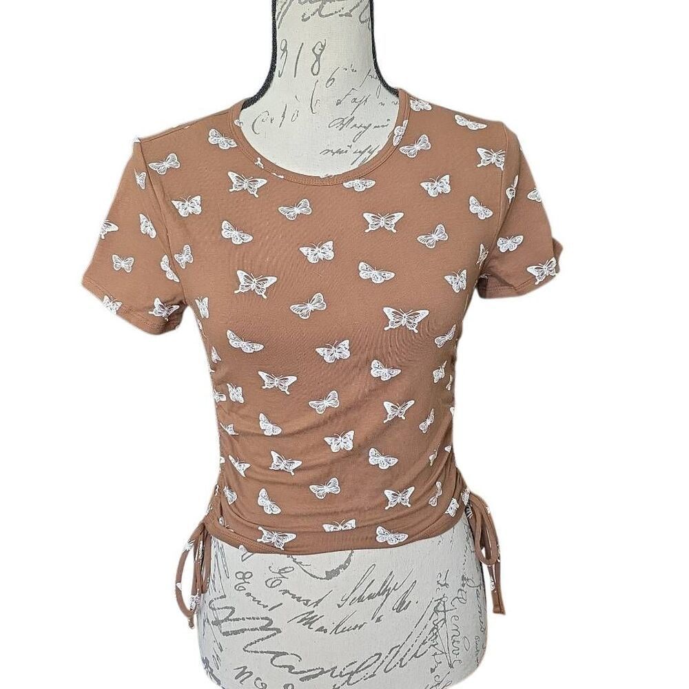 Hollister Women's Size Small Brown White Butterfly Print Side Ruched T-shirt